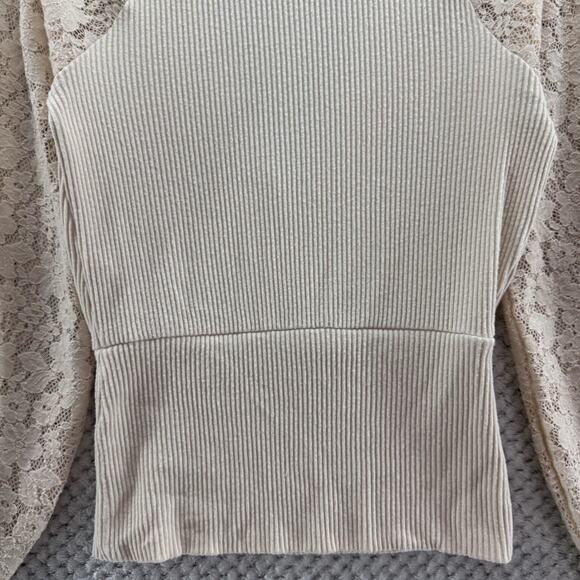 Anthropologie Sweater Womens XS Cream Rib Knit Lace Bishop Long Sleeve Surplice - Picture 9 of 15